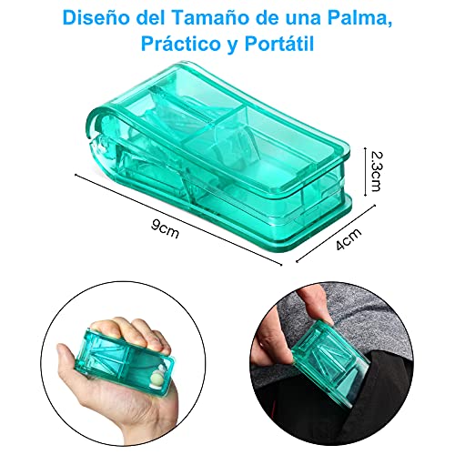 2PCS Cortador de Pastillas, Partidor de Pastillas con Cuchilla y Compartimiento de Almacenamiento Para Píldoras Pequeñas o Grandes(Transparente+Verde)