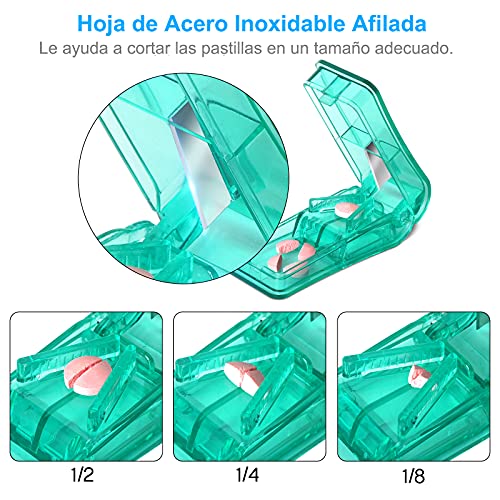 2PCS Cortador de Pastillas, Partidor de Pastillas con Cuchilla y Compartimiento de Almacenamiento Para Píldoras Pequeñas o Grandes(Transparente+Verde)