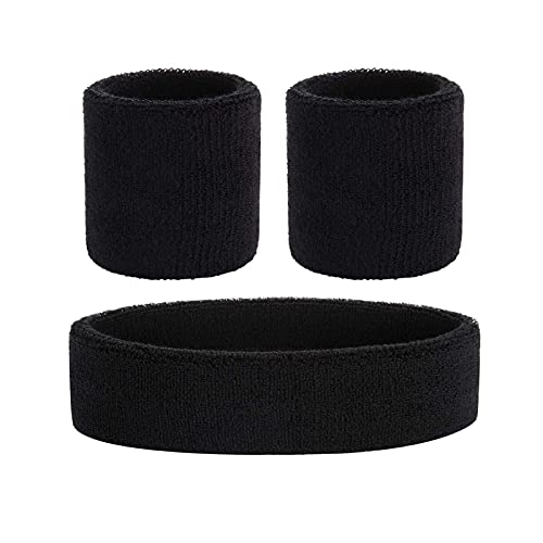 3 Pcs Muñequeras Deportivas Hombre, Banda Cabeza Sudor, Cinta Sudor Cabeza Mujer, Muñequeras Sudor Tenis Incluye Diadema y Muñequeras para Gimnasio, Deportes, Tenis, Correr, Baloncesto(Negro)