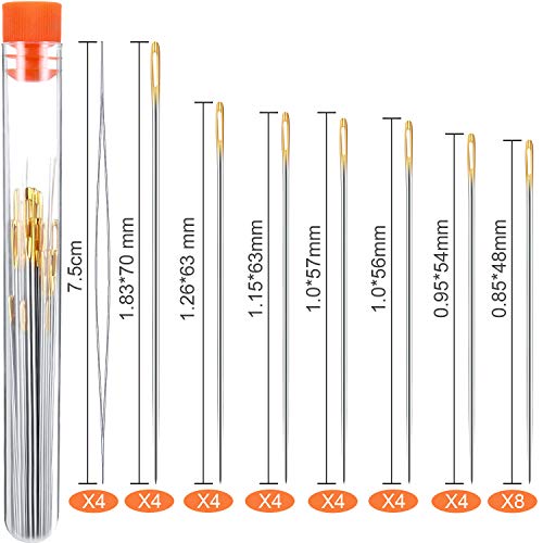 32 Piezas Agujas de Costura de Ojo Grande 7 Tamaños Agujas de Coser a Mano con 4 Agujas de Abalorios de Ojo Grande en Tubo de Almacenaje Transparente para Reparación