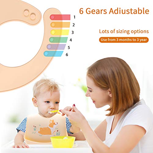 ABirdon 4 Pcs Babero Silicona Bebé, Impermeable, Fácil de Limpiar, Lavable, 6 Tamaños Ajustables Baberos de Alimentación Suave con Recolector Alimentos para Bebé Niño o Niña