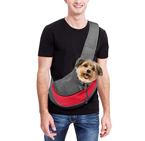 Achort - Transportador de mascotas manos libres, bandolera con bolsa de transporte para perros pequeños y gatos, bolsa de malla transpirable para viajes, exteriores, paseos, metro, máx 5,4 kg (rojo)