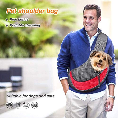 Achort - Transportador de mascotas manos libres, bandolera con bolsa de transporte para perros pequeños y gatos, bolsa de malla transpirable para viajes, exteriores, paseos, metro, máx 5,4 kg (rojo)