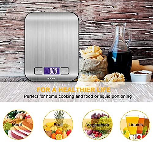 ADORIC Báscula Digital para Cocina de Acero Inoxidable, Balanza de Alimentos Multifuncional, Peso de Cocina, Color Plata (Baterías Incluidas) (Plateado)