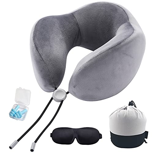 AGAKY Almohada de Viaje Almohada Cuello Espuma Memoria Sueño Suave-Tela Terapia magnética - Funda Terciopelo extraíble y Lavable- Máscara Dormir, 2 Tapones para los oídos y Bolsa de Viaje (Negro)