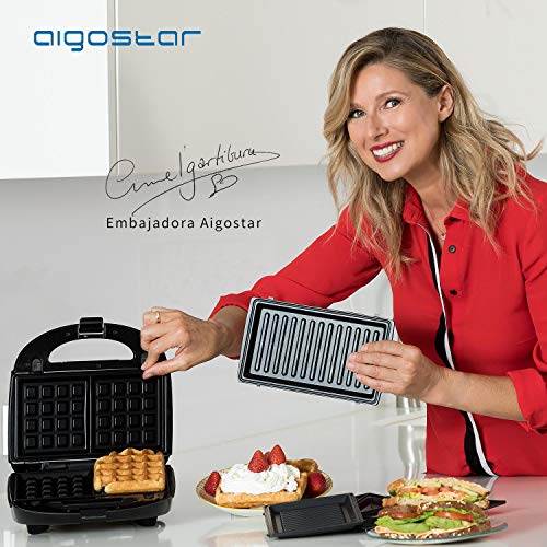 Aigostar Rubik - 750w Sandwichera 3 en 1: Sandwichera Eléctrica, Grill y Gofrera. Placas Desmontables Antiadherentes e Intercambiables. Piloto Indicador Luminoso,Termostato.