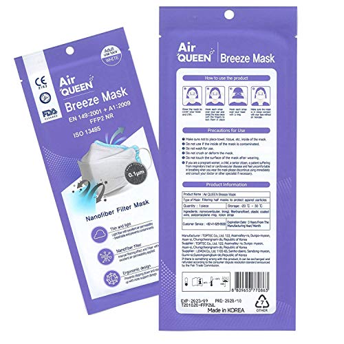 Air Queen Breeze Mask Mascarillas FFP2 Homologadas Nanofibras Nanotecnología CE FFP NR EN149:2001 + A1:2009 ISO 13485 – 25 Horas de Protección – Pack de 10 Mascarillas en Blisters Individuales