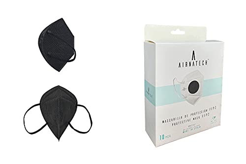 AIRNATECH AIR-E013 FFP2 Mascarillas FFP2 Homologadas - Normativa EN149 - 5 Capas de 95% Filtración Bacteriana - 01 Negro - Pack 10 unidades