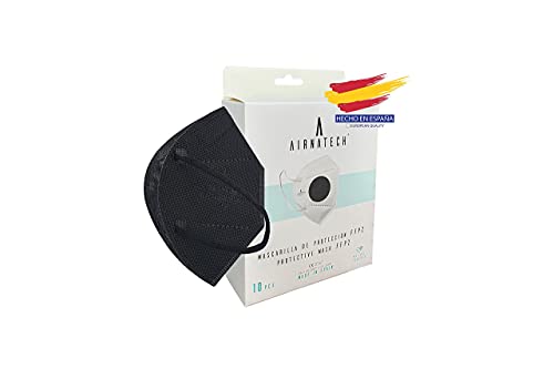 AIRNATECH AIR-E013 FFP2 Mascarillas FFP2 Homologadas - Normativa EN149 - 5 Capas de 95% Filtración Bacteriana - 01 Negro - Pack 10 unidades