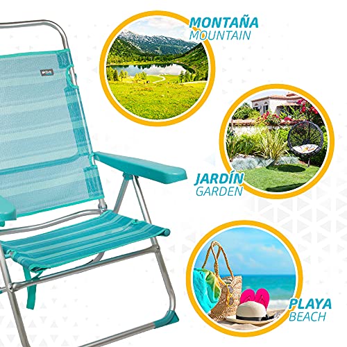 Aktive 53964 - Silla de playa plegable, Silla multiposición, 5 posiciones, 63x56x100 cm, altura del asiento 33 cm, asa de transporte, tacos antivuelco, estructura resistente, Aktive Beach