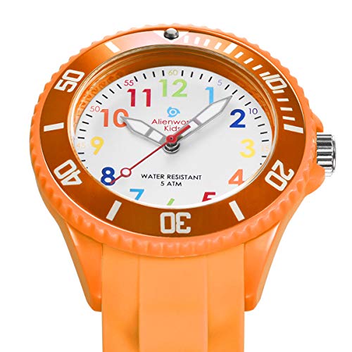 Alienwork Kids Reloj de Aprendizaje Infantil Niña Naranja Pulsera de Silicona Abigarrado niños Impermeable 5 ATM Tiempo de Aprender