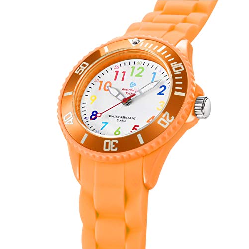 Alienwork Kids Reloj de Aprendizaje Infantil Niña Naranja Pulsera de Silicona Abigarrado niños Impermeable 5 ATM Tiempo de Aprender