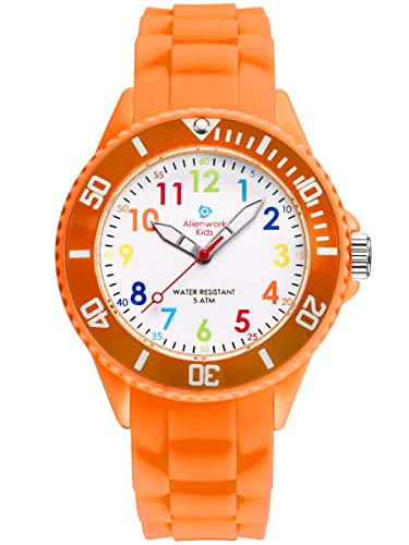 Alienwork Kids Reloj de Aprendizaje Infantil Niña Naranja Pulsera de Silicona Abigarrado niños Impermeable 5 ATM Tiempo de Aprender