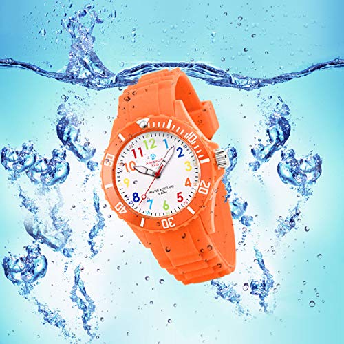 Alienwork Kids Reloj de Aprendizaje Infantil Niña Naranja Pulsera de Silicona Abigarrado niños Impermeable 5 ATM Tiempo de Aprender