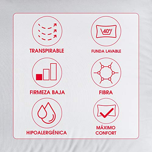 Almohada de Fibra PIKOLIN I para Dormir Boca Abajo y niños I Firmeza Baja I Funda Microfibra I Hipoalergénica, y Funcional I Ara Plus 90cm I (Todas Las Medidas)