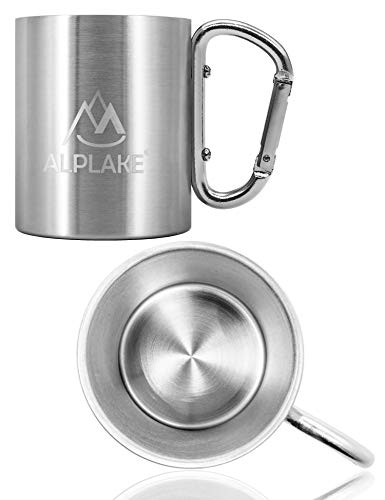 ALPLAKE® Taza de acero inoxidable de doble pared, con asa de mosquetón, 250 ml