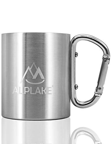 ALPLAKE® Taza de acero inoxidable de doble pared, con asa de mosquetón, 250 ml