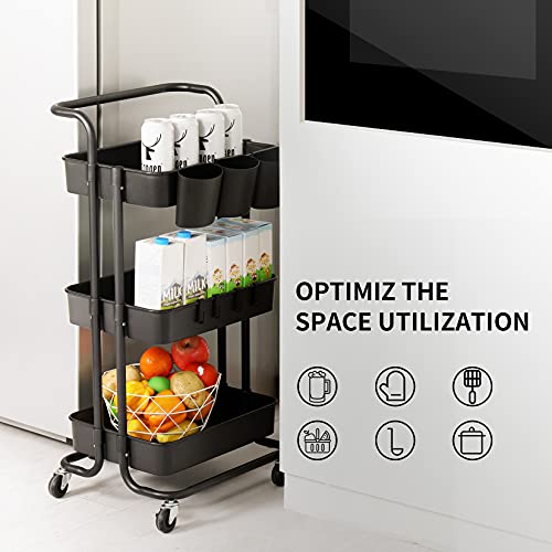 alvorog Carrito de Cocina de 3 Niveles con Ruedas, Carro de Almacenaje con Asa, Carrito Auxiliar Multifuncional para Baño, Cocina, Oficina, Salón & SPA - Negro