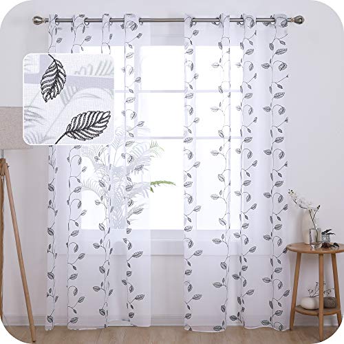 Amazon Brand - Umi Cortinas Translucidas Decorativas con Motivos Hojas con Ojales 2 Piezas 140x260cm Gris