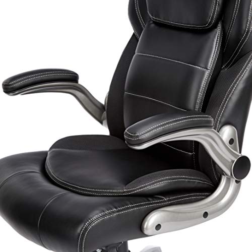 AmazonBasics Extra Comfort High-Back Leather Executive Chair with Flip-Up Arms and Lumbar Support, Black