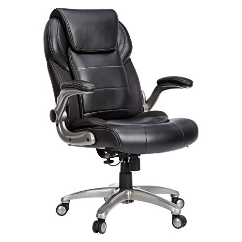 AmazonBasics Extra Comfort High-Back Leather Executive Chair with Flip-Up Arms and Lumbar Support, Black