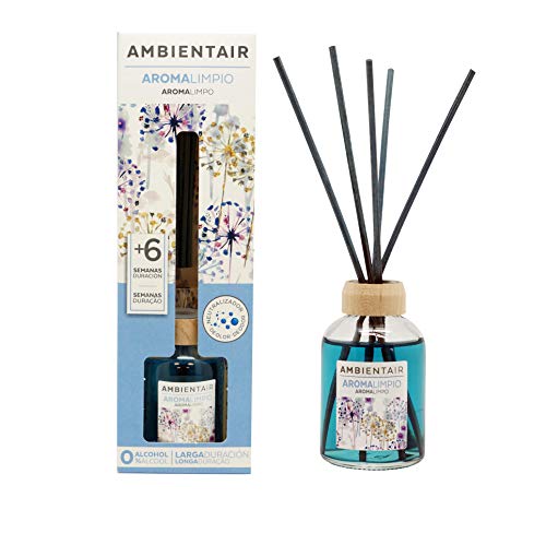 Ambientair. Difusor de Varillas perfumadas. Ambientador Mikado Aroma a Limpio, difusor con palitos de ratán. El Mejor ambientador sin Alcohol para casa. Ambientador para la Cocina y baño.