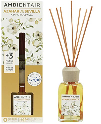 Ambientair. Difusor de Varillas perfumadas. Ambientador Mikado de Azahar de Sevilla, difusor con palitos de ratán. El Mejor ambientador sin Alcohol para casa. Ambientador para la Cocina y baño.