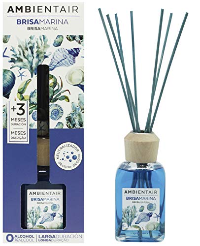 Ambientair. Difusor de Varillas perfumadas. Ambientador Mikado Océano, Brisa Marina, difusor con palitos de ratán. El Mejor ambientador sin Alcohol para casa. Ambientador para la Cocina y baño.