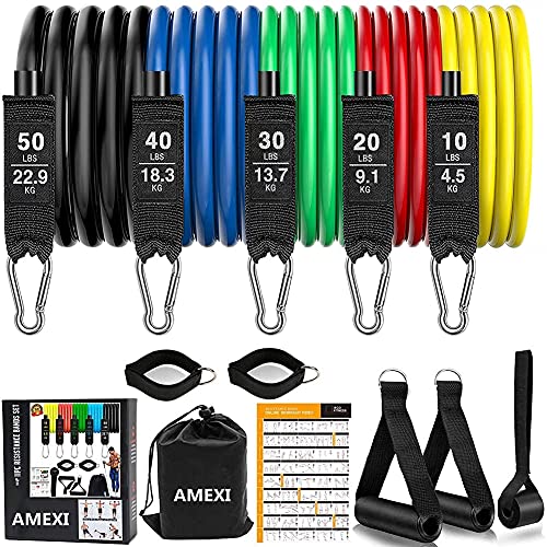 AMEXI Bandas Elasticas Musculacion,Set de Bandas de Resistencia con Cinco Tubo de Látex,Bandas de Resistencia Fitness para Yoga,Fisioterapia,Estiramientos,Gimnasio en Casa,Incluye Bolsa de Transporte