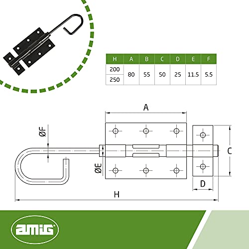 Amig - Pasador Vertical de Sobreponer Negro de Acero Ideal para Colocar como Pestillo en Puertas de Paso y Entrada - 250 x 80 x Ø5,5 mm · Incluye Tornillos