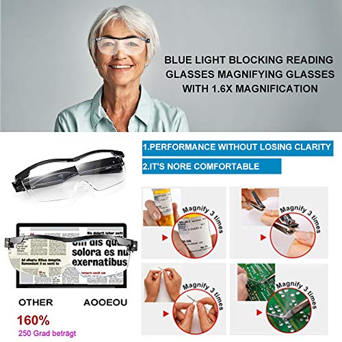 Aooeou Gafas de Lectura con Luz Led,250% Gafas Aumento Gafas Lupa para Leer Manos Libres Lupas de Gran Aumento Filtro de luz azul Anteojos Anti Fatiga, Recargable Lupa para coser, Reparación,Lectura