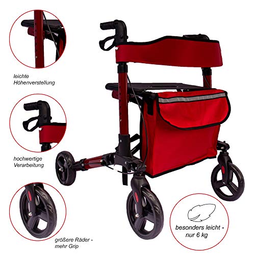 AREBOS Caminador Andador Aluminio | con Ruedas | 135kg | Rojo | Altura regulable | Incluye Soporte para bastón