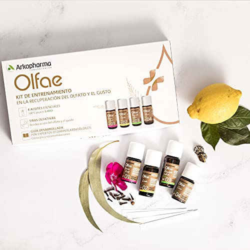 Arkopharma Olfae, Kit Entrenamiento para la recuperación del gusto y el olfato, Avalado por Otorrinos, Pérdida gusto y olfato, 4 Aceites Esenciales 10Ml 100% Puros y BIO