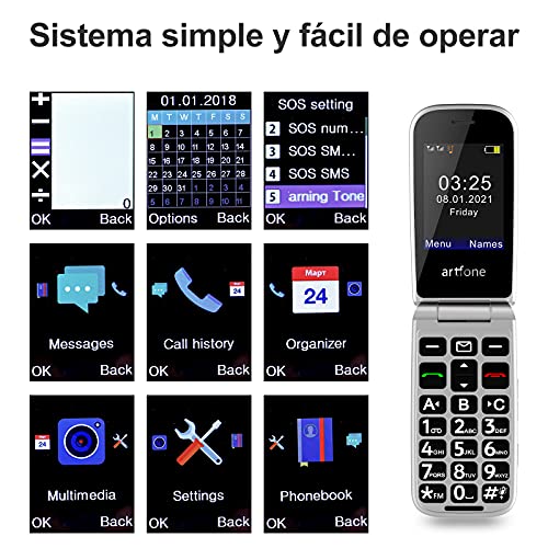 Artfone F20, telefono movil para Mayores, 2,4 Pulgadas teléfono móvil con botón Grande para Personas, teléfono móvil para Personas Mayores con botón SOS, batería de 1000 mAh