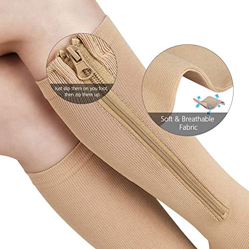 ASPCOK (2 pares) 15-20 mmHg Calcetines médicos de compresión con cremallera Soporte de pierna con cremallera Unisex Rodilla abierta (Beige, S/M)