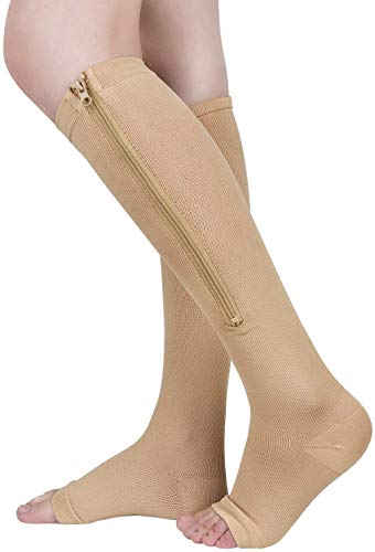 ASPCOK (2 pares) 15-20 mmHg Calcetines médicos de compresión con cremallera Soporte de pierna con cremallera Unisex Rodilla abierta (Beige, S/M)