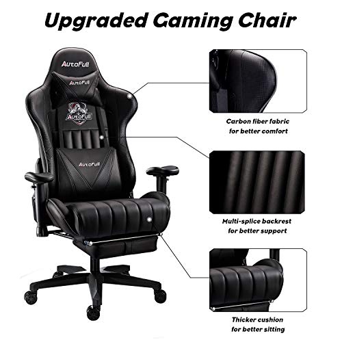 AutoFull Silla Gaming Ergonómica Silla de Oficina Silla Gamer Cuero de PU Silla de Escritorio,Altura e inclinación Ajustables,Soporte Lumbar y reposapiés,Negro (garantía de Tres años)