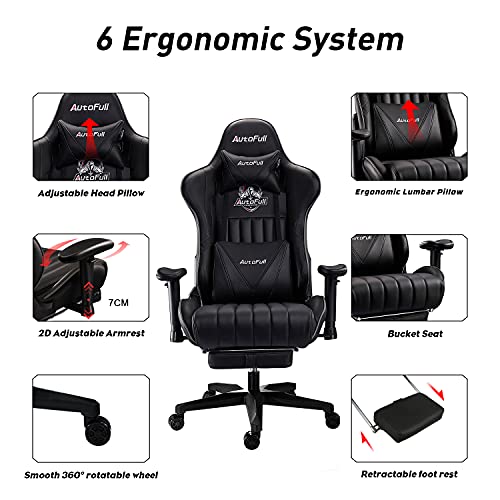 AutoFull Silla Gaming Ergonómica Silla de Oficina Silla Gamer Cuero de PU Silla de Escritorio,Altura e inclinación Ajustables,Soporte Lumbar y reposapiés,Negro (garantía de Tres años)