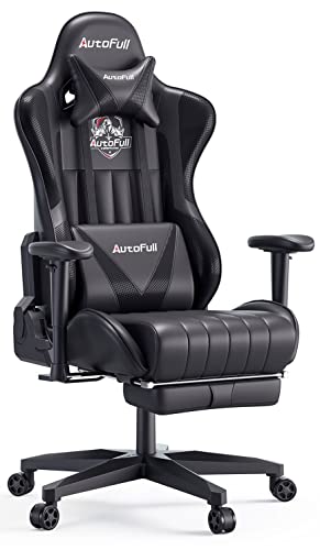 AutoFull Silla Gaming Ergonómica Silla de Oficina Silla Gamer Cuero de PU Silla de Escritorio,Altura e inclinación Ajustables,Soporte Lumbar y reposapiés,Negro (garantía de Tres años)