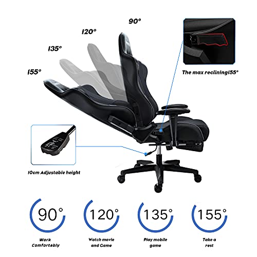 AutoFull Silla Gaming Ergonómica Silla de Oficina Silla Gamer Cuero de PU Silla de Escritorio,Altura e inclinación Ajustables,Soporte Lumbar y reposapiés,Negro (garantía de Tres años)