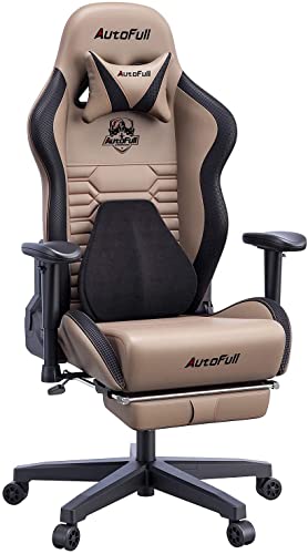 AutoFull Silla Gaming Silla Gamer Ergonómica Silla de Oficina Cuero de PU Silla de Escritorio,Altura e inclinación Ajustables,Reposacabezas y Soporte Lumbar,Reposapiés,Marrón