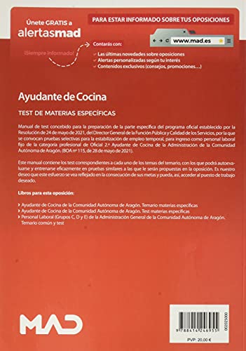 Ayudantes de Cocina de la Comunidad Autónoma de Aragón. Test de materias específicas