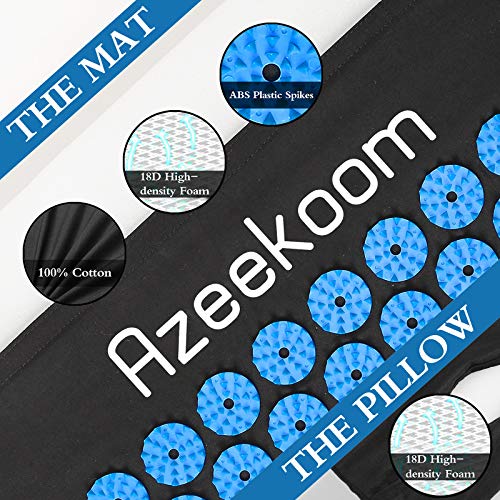 Azeekoom Esterilla de Acupresión, Kit de Masaje con Almohada y 2 pcs Bolas de Masaje, para Aliviar el Dolor de Espalda/Cuello/Pie y la Relajación Muscular con Bolsa de Transporte