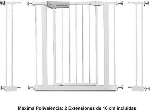 Babify - Barrera de Seguridad de niños para puertas y pasillos - Color blanco - Máxima Polivalencia de 65 a 91 cm - Incluye 2 Extensiones de 10 cm - Incluye Kit para Barandilla