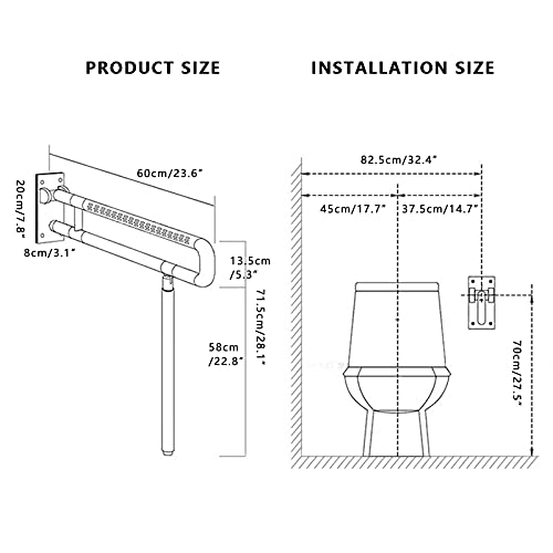 Barra de Apoyo para Inodoro, Plegable Baño De La Barandilla Antideslizante Montaje en Pared Mango de Agarre para Inodoro para Ancianos Discapacitados y Mujer embarazada (Carga hasta 150 kg (330 lb))