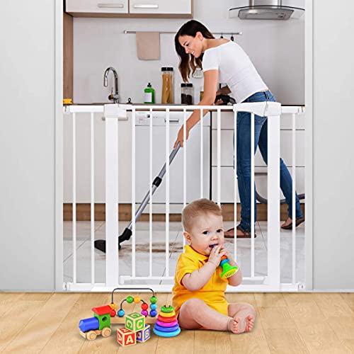 Barrera de Seguridad de Niño, Barrera Metálica Duradera 75-103 cm, para Puertas, Escaleras y Pasillos, Cierre Automático Seguro, Rejilla de Seguridad para Bebés y Mascotas, Blanco