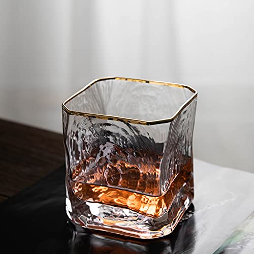 Barware Cristalería Vaso de Whisky Vaso Cuadrado Transparente Vaso de Cristal Vaso de Cerveza Vaso de Cerveza Borde Dorado Vaso de Agua Espesado Martillado