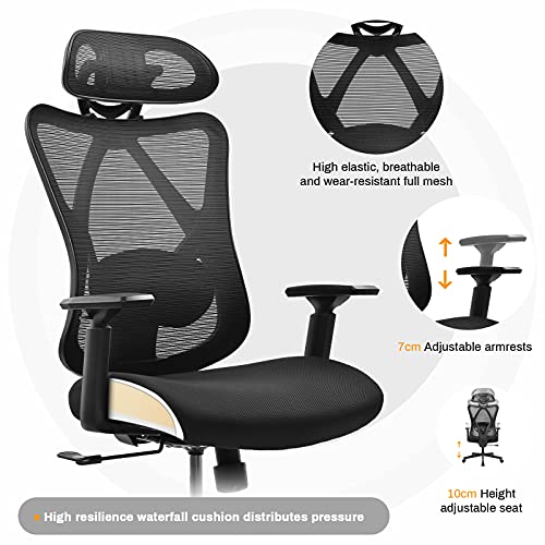 BASETBL Silla Oficina, Silla Escritorio Ergonómica, Sillón Oficina Malla Inclinable con Respaldo Alto, Silla para Computadora con Soporte Lumbar & Reposabrazos Ajustable, Carga 150kg