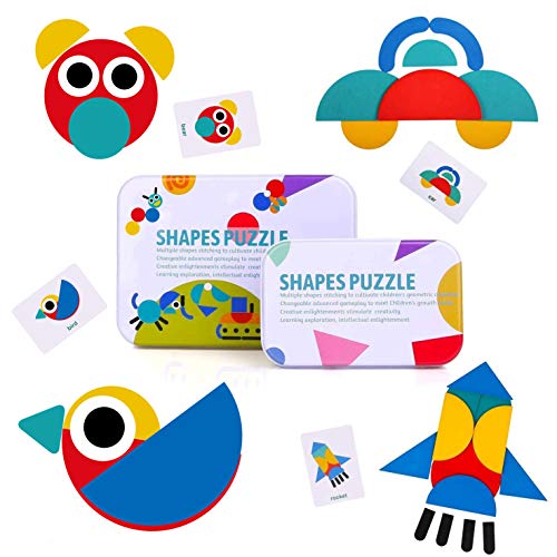 BBLIKE Tangram Madera, 36 Montessori Puzzle de Madera + 60 PCS Diseño Tarjetas de Apilamiento Juegos y Juguetes Educativos Clasificación de la Infancia