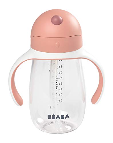 BÉABA Vaso de Aprendizaje con Boquilla para Bebe, Biberón 100 % hermético, Taza Antigoteo con pajita, Antiderrame, 2 en 1, Asas extraíbles, Resistente, Tritan y silicona, 300ml, Rosa